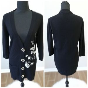 Queene and Belle Scotland Cashmere Cardigan Black Floral Sweater S Small